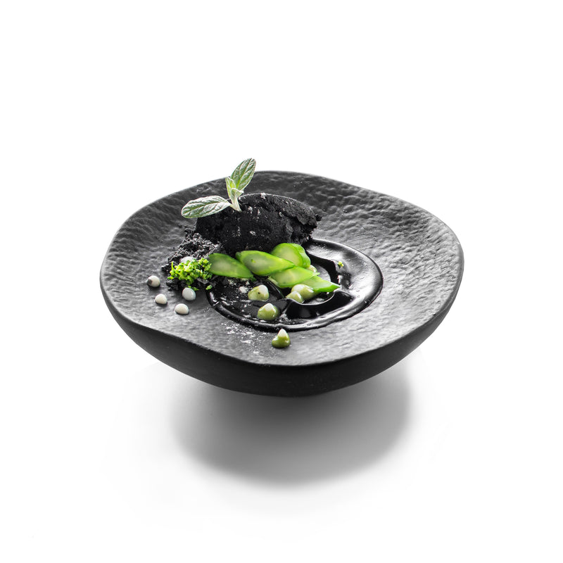Luxury black porcelain podium with matte finish; artistic tableware for bold, elegant plating in modern fine dining settings.