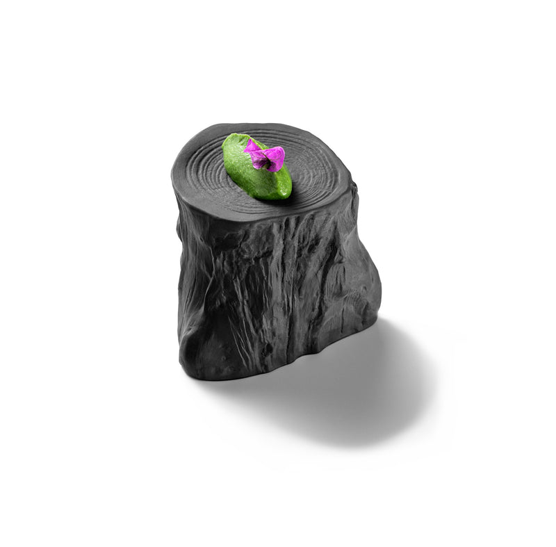 Black matte porcelain podium stand with tree ring design; luxury artistic tableware for elegant, single-serve food presentation.