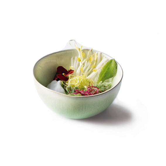 Formentera stoneware bowl with greenish-blue glaze, wave texture, coastal-inspired design, luxury artistic tableware.
