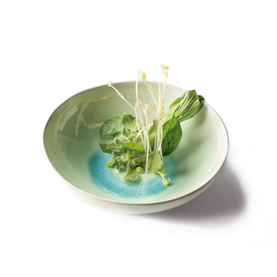 22cm Formentera bowl in stoneware with coastal green-blue glaze and wave texture, perfect for salads, pasta, or soups.
