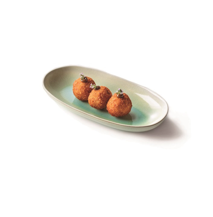 Formentera stoneware tray with green-blue glaze and wave textures, blending coastal Mediterranean charm and elegance.