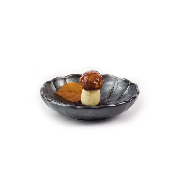 16.5cm black stoneware Dalia deep plate with petal edges, textured finish, elegant serveware for soups, pastas, or fine dining.