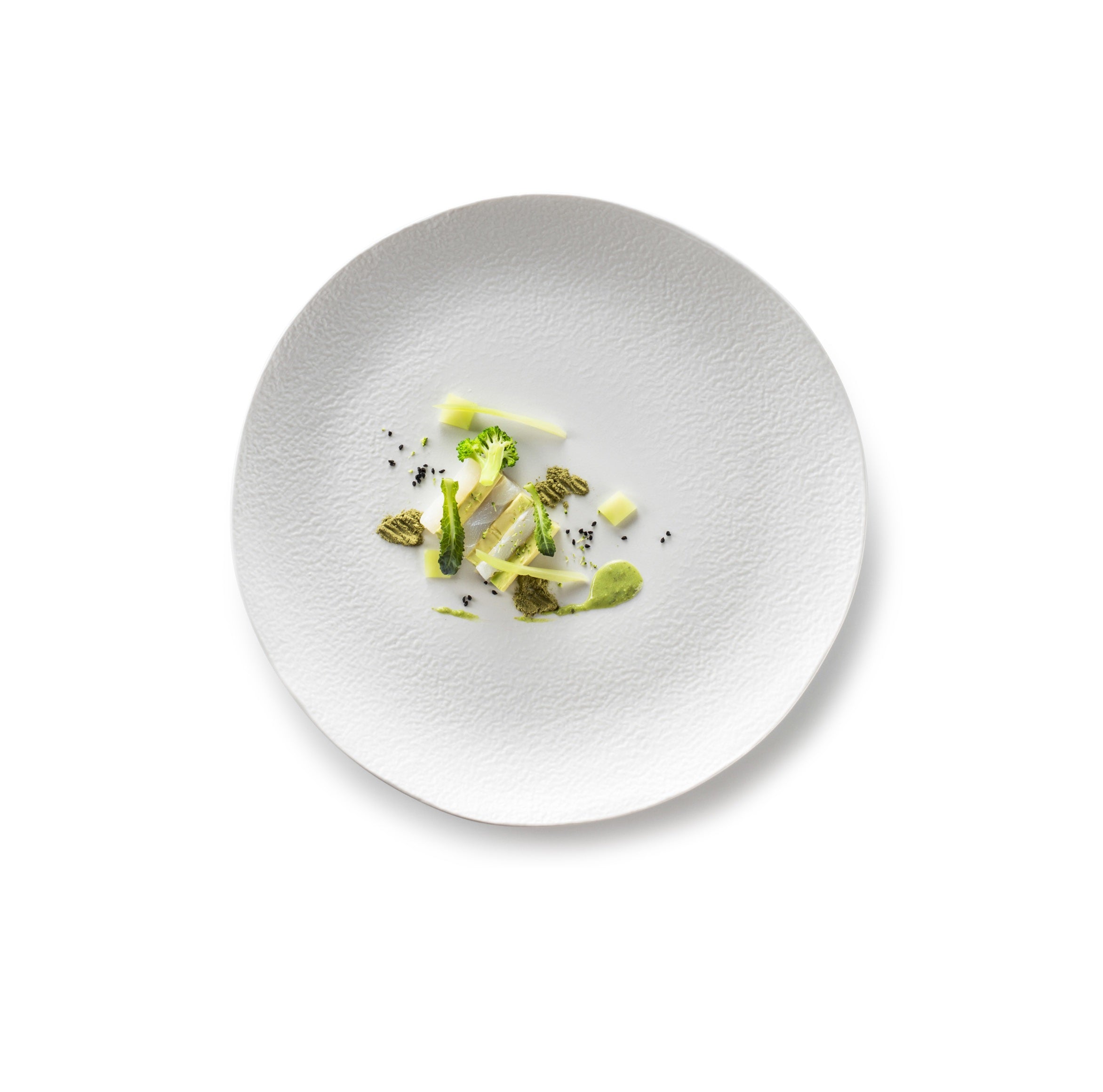 Luxury porcelain plate with matte finish; artistic, minimalist tableware ideal for elegant plating and fine dining presentations.