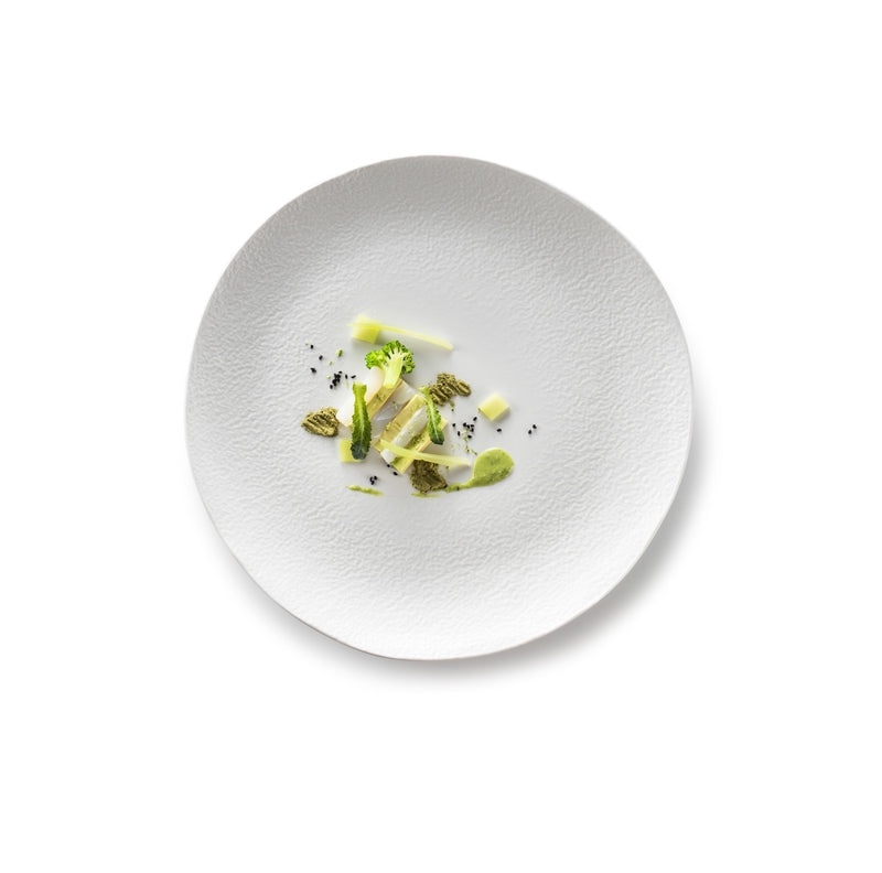 Luxury porcelain plate with matte finish; artistic, minimalist tableware ideal for elegant plating and fine dining presentations.