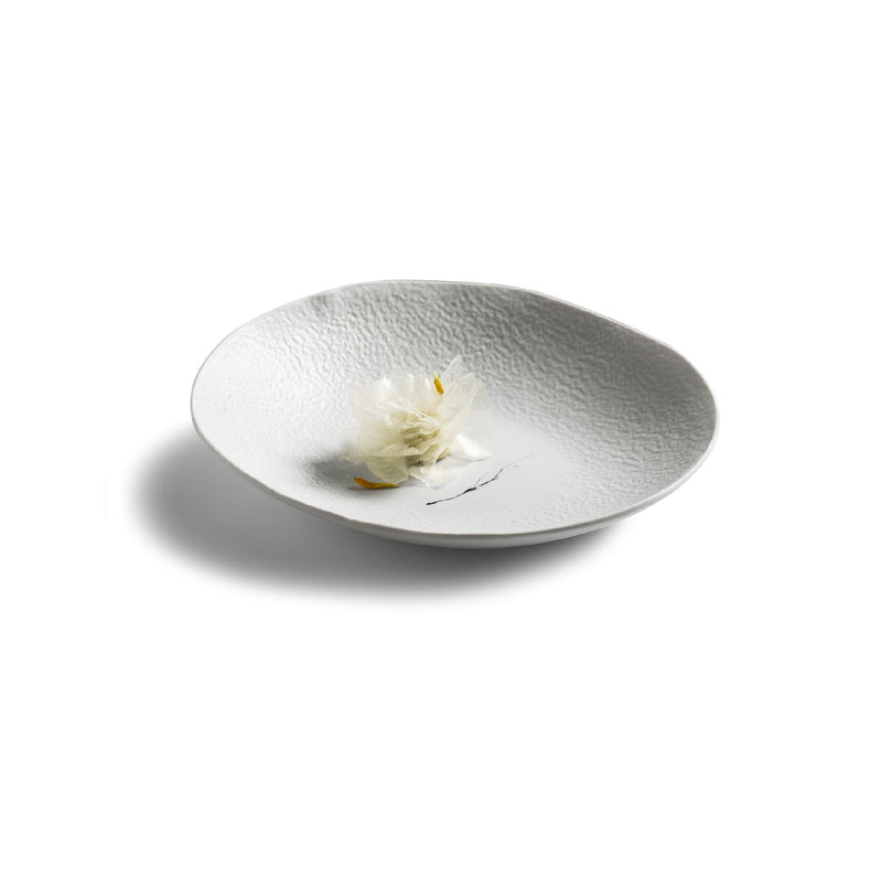 Artistic porcelain deep plate with matte finish; luxury minimalist design ideal for elegant culinary presentation and plating.