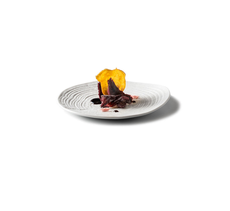 Artistic matte porcelain plate with tree-ring design, ideal for luxury appetizers or desserts; microwave, oven, and dishwasher safe.