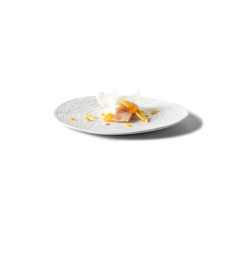 Luxury matte porcelain dessert plate with artistic tree-ring design, ideal for elegant plating of gourmet desserts and fine dining.
