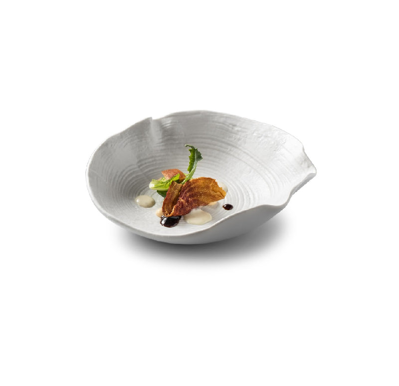 Luxury porcelain bowl with matte finish and tree-ring design, ideal for artistic plating of sides, desserts, or refined appetizers.