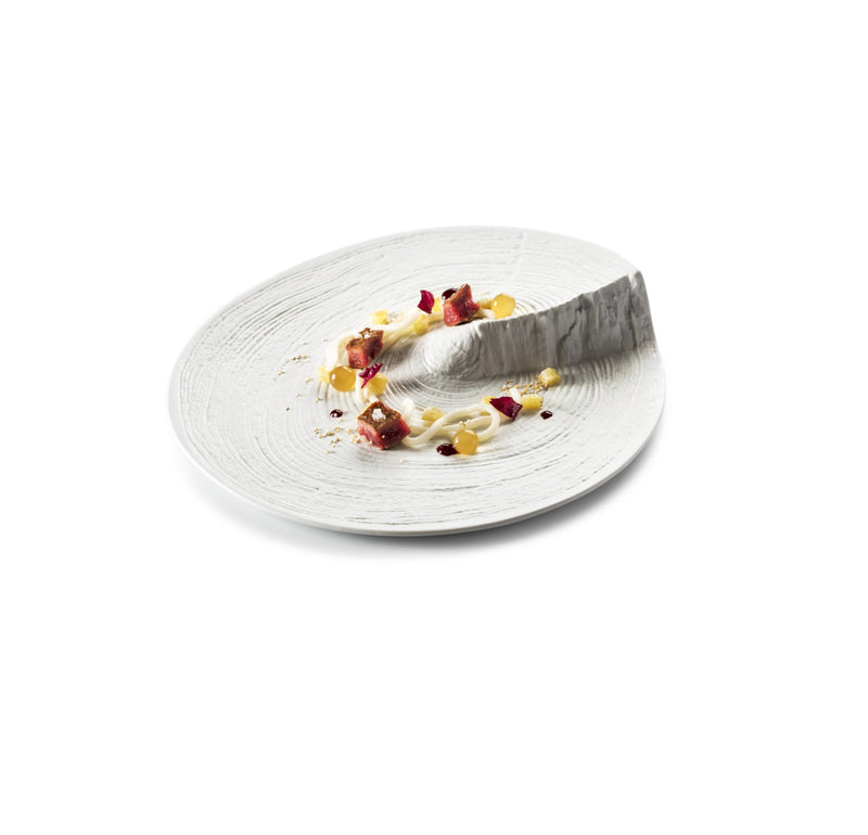 Artistic matte porcelain plate with tree ring design; luxury tableware ideal for elegant food presentation and fine dining.