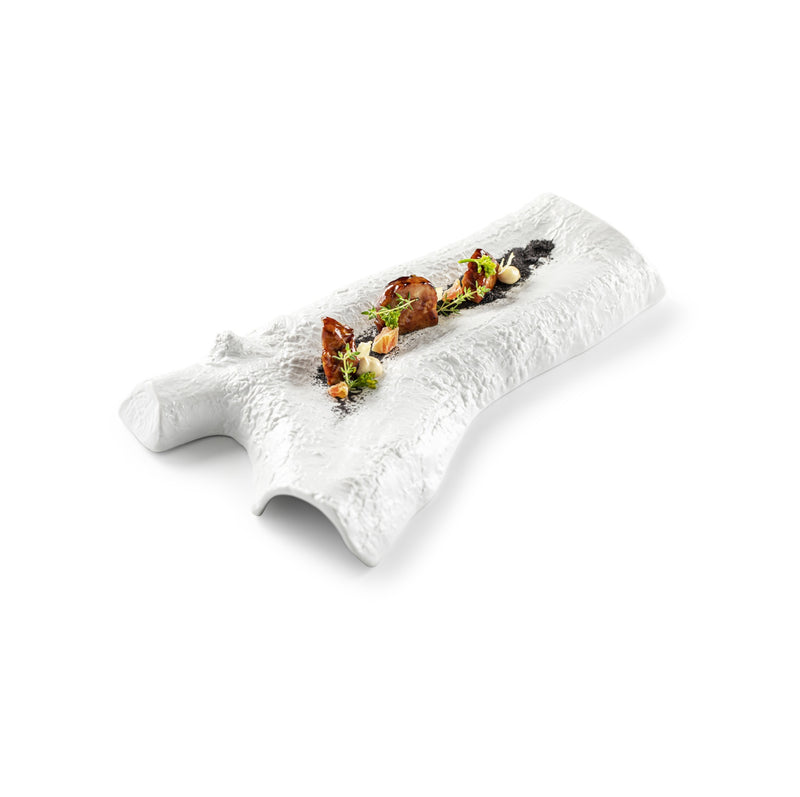 Luxury porcelain tray with matte wood-inspired texture; artistic serving piece for elegant, nature-themed culinary presentations.