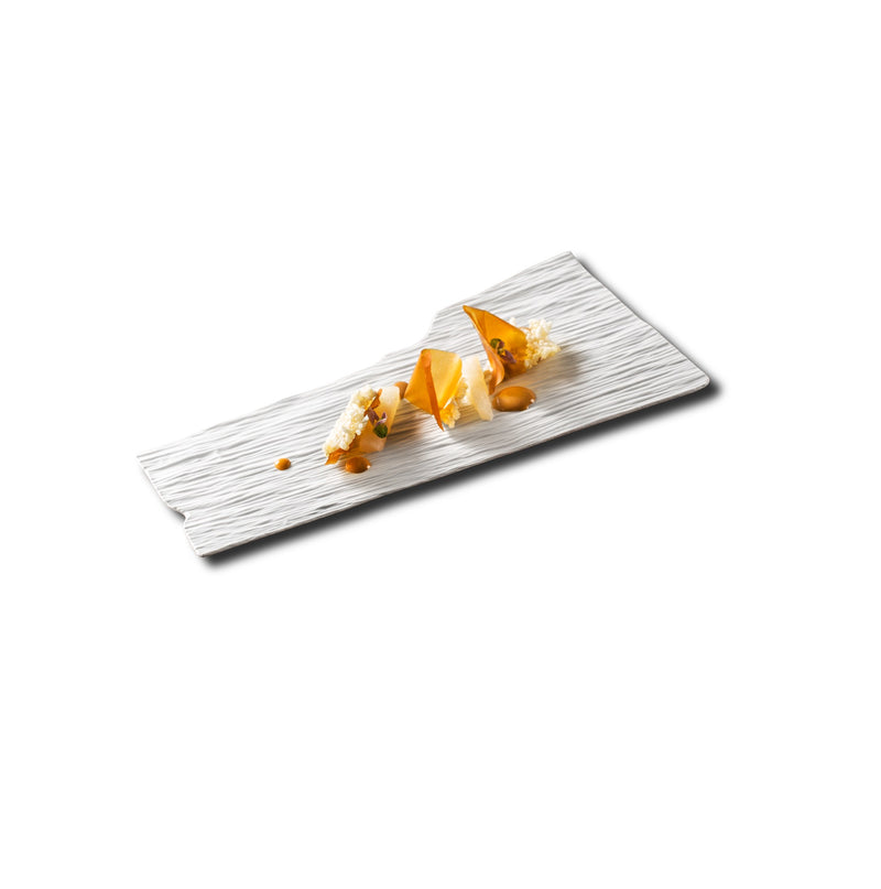 Luxury porcelain tray with matte tree-ring texture; artistic serving piece for elegant, nature-inspired food presentation.