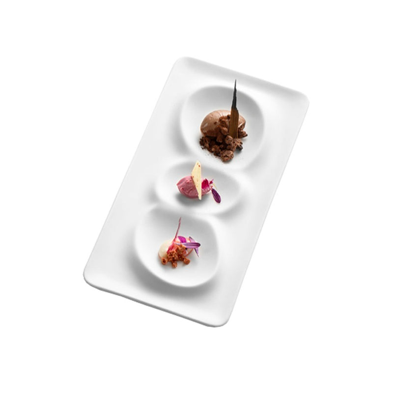 Magma Tray Mat porcelain with three sections, matte luxury tableware for artistic plating, modern fine dining elegance.