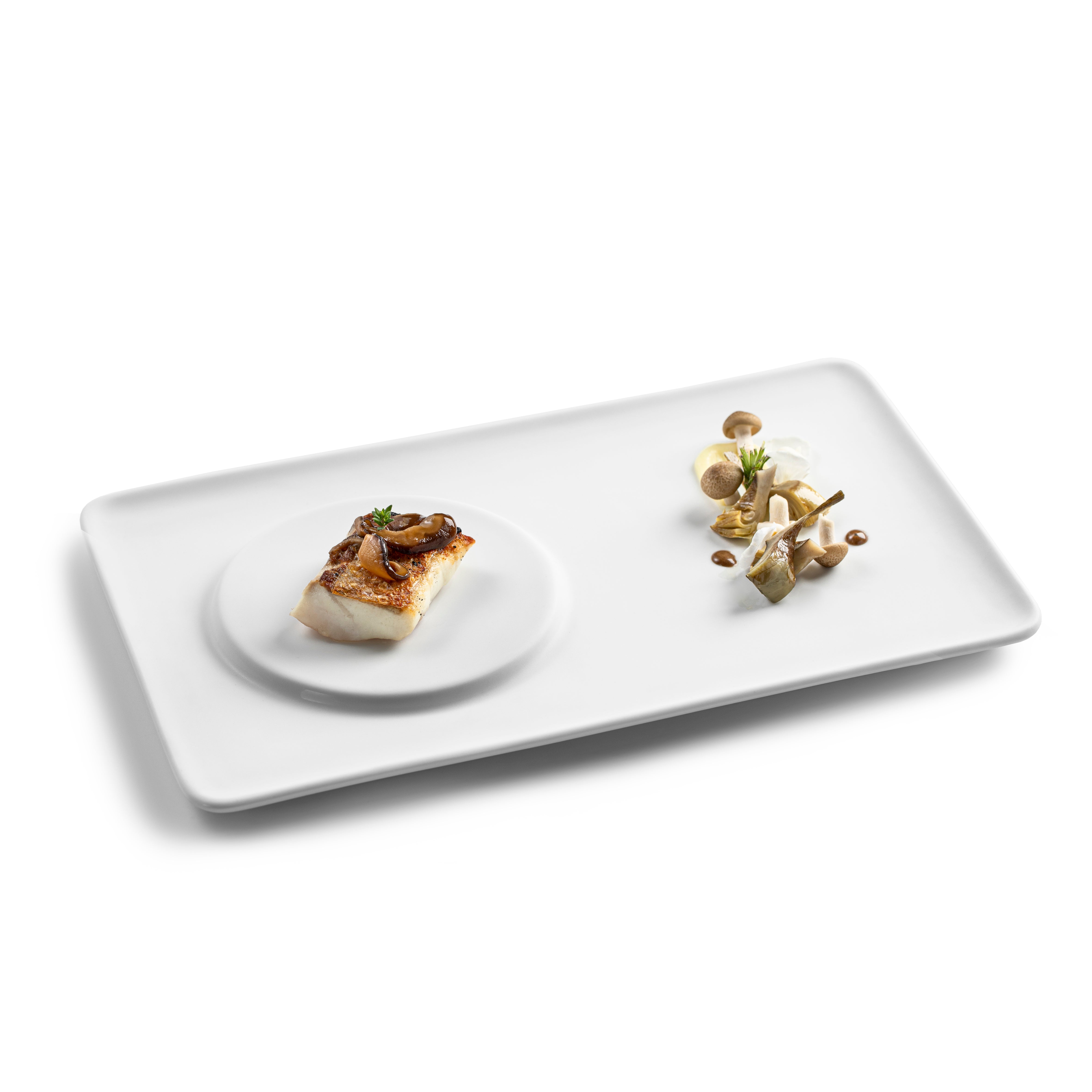 Matte porcelain chef presentation tray with elevated circle, luxury plating serveware for artistic gourmet and fine dining.