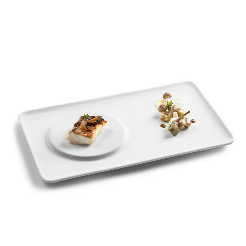Matte porcelain chef presentation tray with elevated circle, luxury plating serveware for artistic gourmet and fine dining.