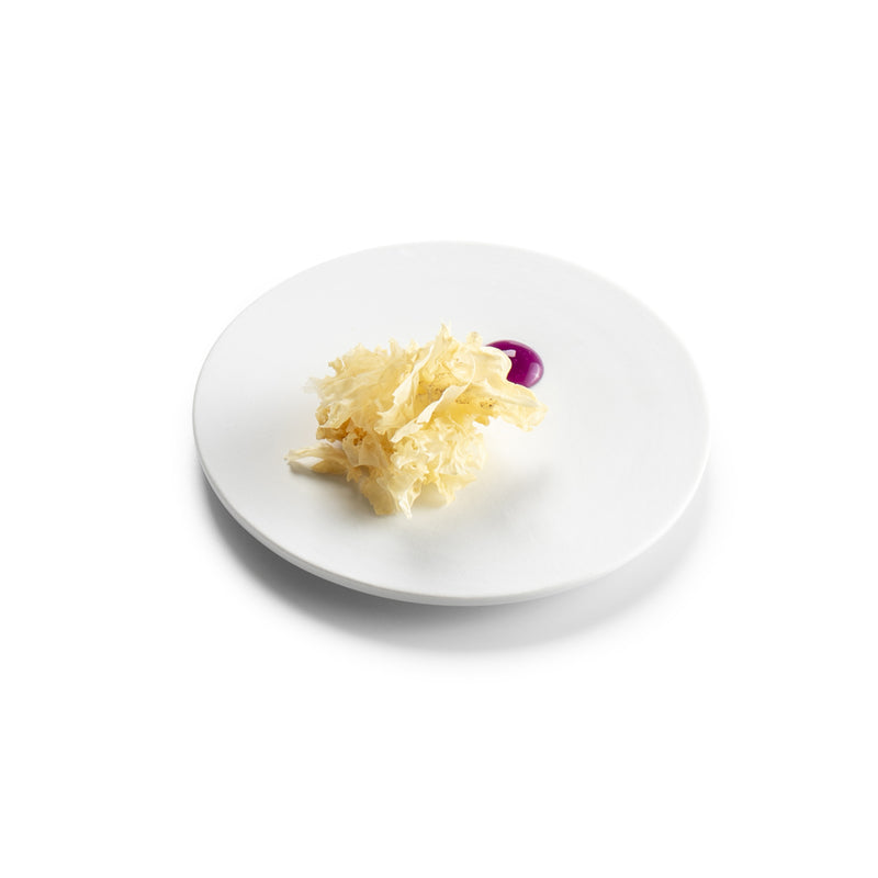 Handmade porcelain plate with matte finish, microwave, oven, dishwasher and freezer safe, modern minimalist tableware for elegant food presentation.