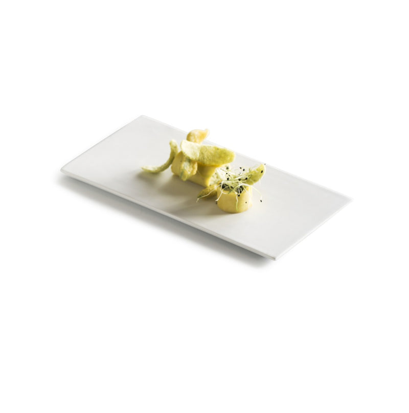 Porcelain rectangular plate with matte finish, microwave, oven, dishwasher & freezer safe, modern minimalist serveware for appetizers and desserts.