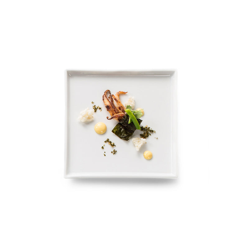 Kyoto porcelain plate with glossy finish, minimalist Japanese design, luxury square tableware for artistic dining presentation