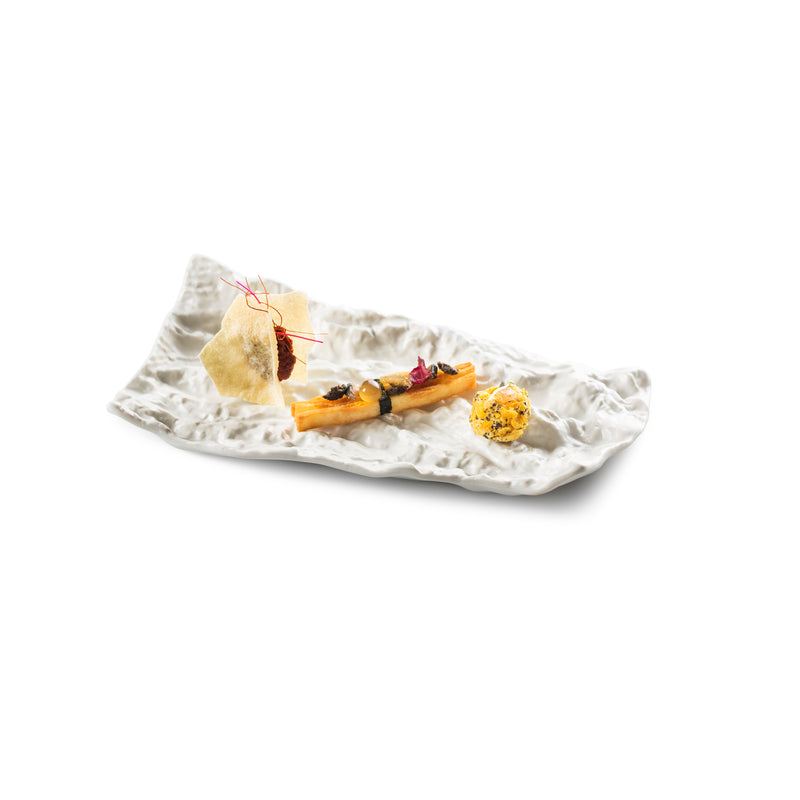 Porcelain cork tray mat with matte finish, nature-inspired texture, rustic yet modern design, perfect for luxury food presentation.