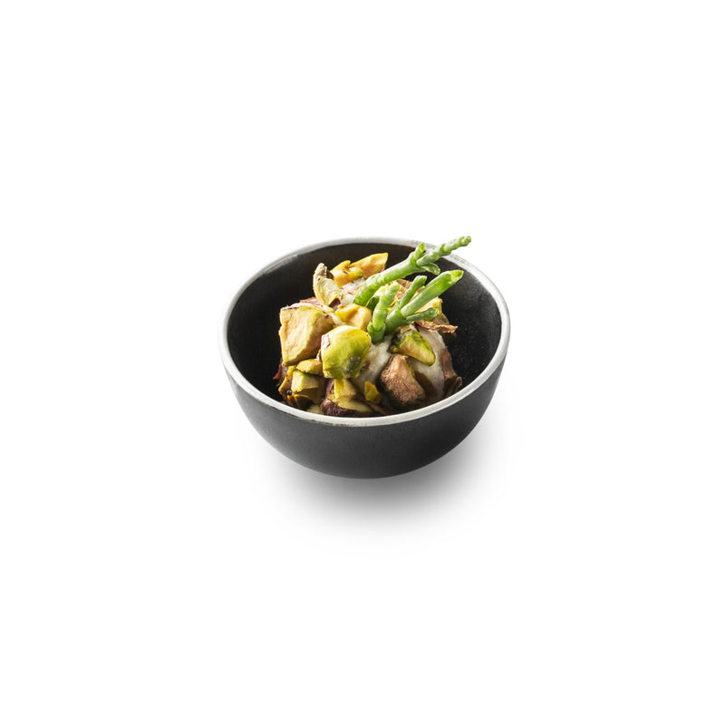 Ethnic Black Mat Bowl in matte porcelain, luxury artistic mini bowl for condiments, dips, and fine dining presentation