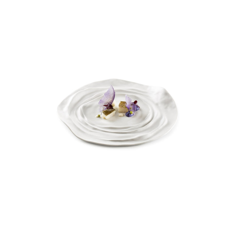 Porcelain plate with wave-textured gloss finish, Barcelona-inspired artistic dinnerware, oven and dishwasher safe.
