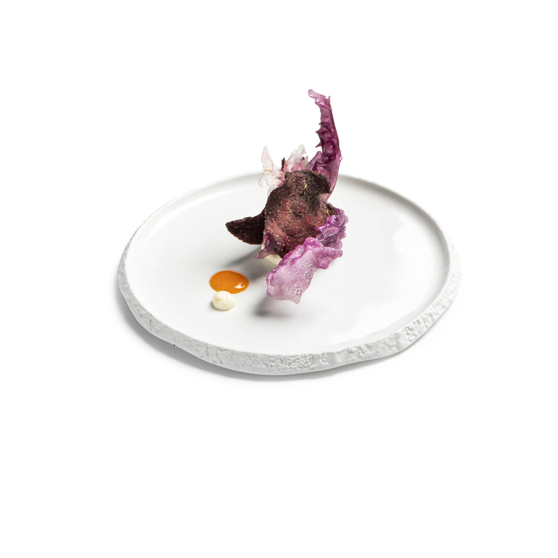 Coral plate 15cm in white porcelain, ocean-inspired luxury dinnerware with textured design for elegant food presentation.