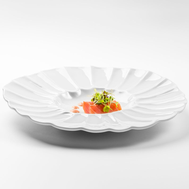 Lira deep plate in glossy white porcelain with sculpted fluted design, luxury tableware for artistic and fine dining presentation