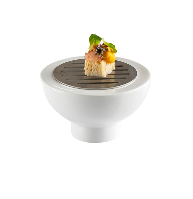 Elegant mini porcelain BBQ grill with stainless steel top, perfect for gourmet dining, oven, microwave, and dishwasher safe.