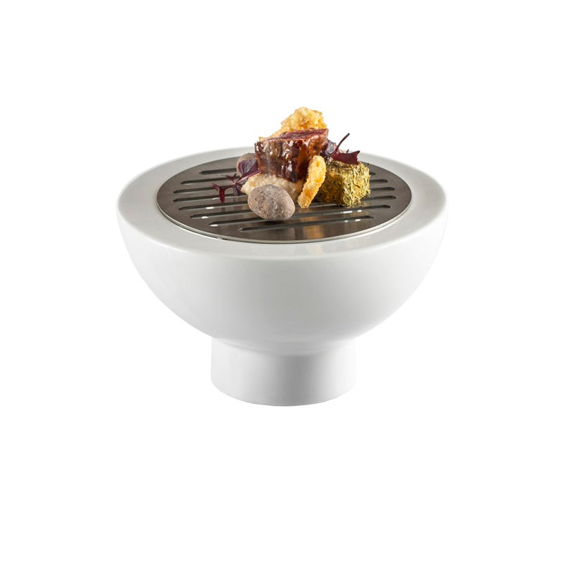 BBQ porcelain grill with stainless steel top, glossy finish, versatile for grilling or serving, oven, microwave, dishwasher safe.