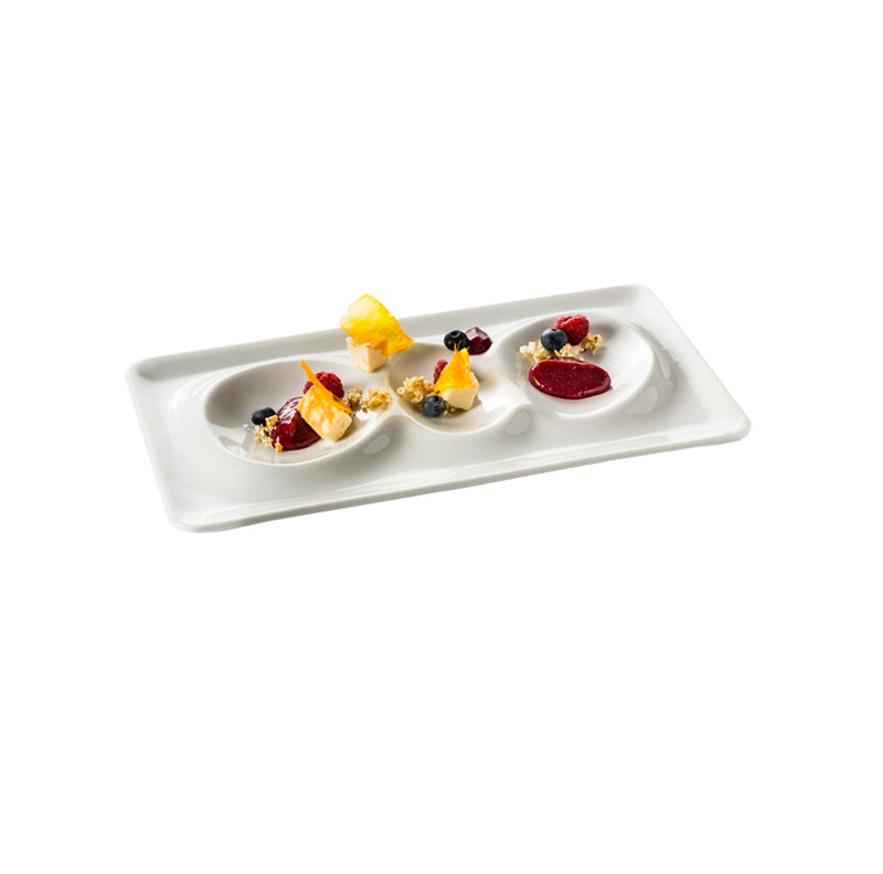 Magma Tray Gloss porcelain with three compartments, luxury handmade tableware for artistic plating and fine dining