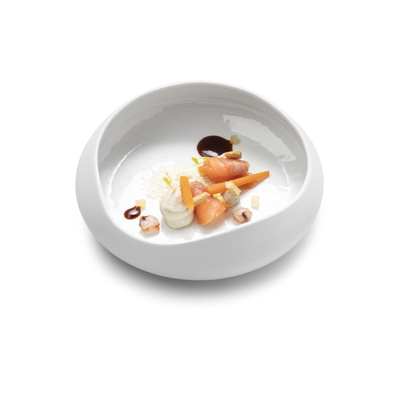Porcelain bowl with matte-gloss finish, desert-inspired design, luxury serveware for versatile artistic food presentation
