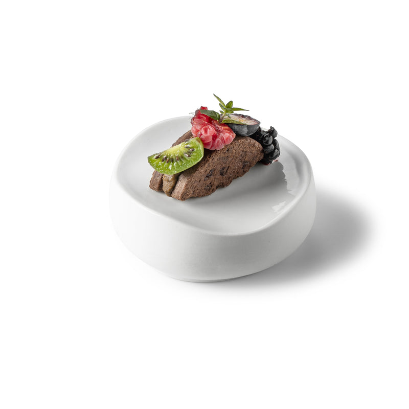 Matte porcelain podium plate, luxury sculptural tableware for elevated gourmet presentation and artistic plating