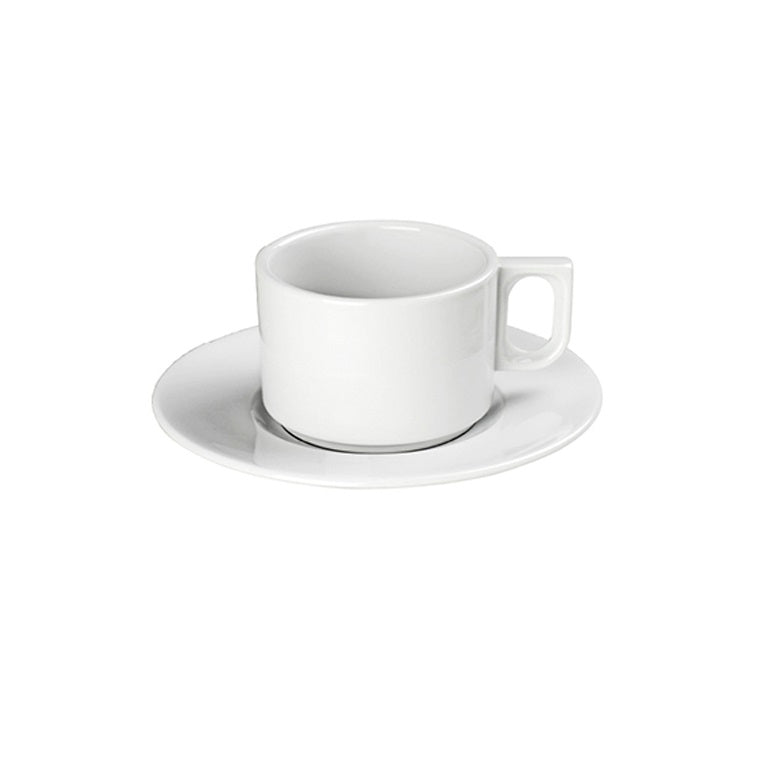 180ml glossy porcelain tea cup, stackable luxury tableware, elegant white finish, microwave, dishwasher & freezer safe.