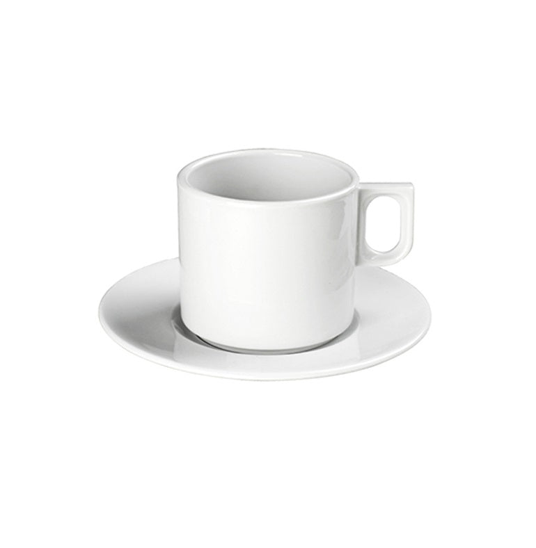 250ml glossy porcelain cylindrical cup, stackable design, luxury coffee & tea tableware, microwave, freezer & dishwasher safe.