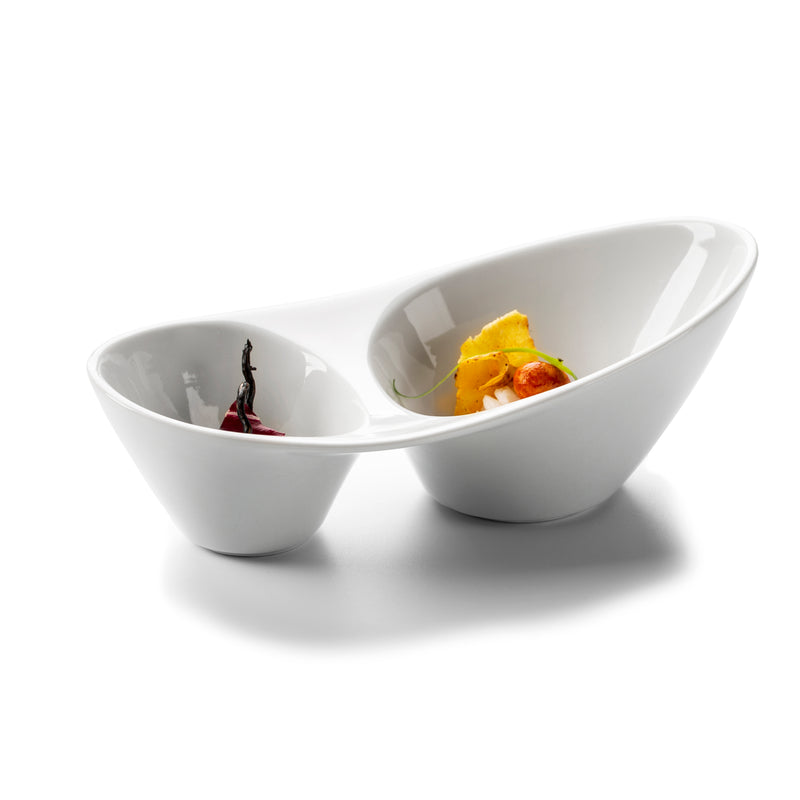 Luxury porcelain double saucer with glossy finish, dual compartments for sauces or sides, durable and dishwasher safe.