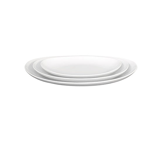 Luxury porcelain oval tray with glossy finish, stackable design, durable and dishwasher safe for elegant dining.
