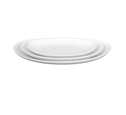 Luxury porcelain oval tray with glossy finish, stackable design, and microwave-safe elegance for gourmet food presentation.