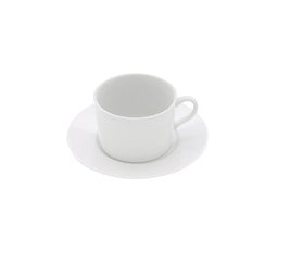 Luxury porcelain tea cup with saucer, glossy finish, elegant white tableware perfect for refined tea and coffee moments.