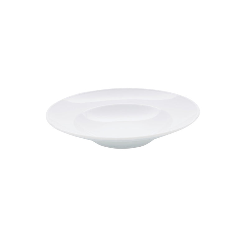 Luxury porcelain pasta bowl with glossy finish, versatile for salads or pasta, microwave and dishwasher safe.