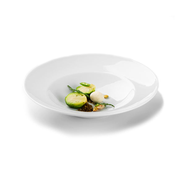 Luxury porcelain pasta bowl with glossy finish, minimalist design, versatile for hot or cold dishes, microwave safe.