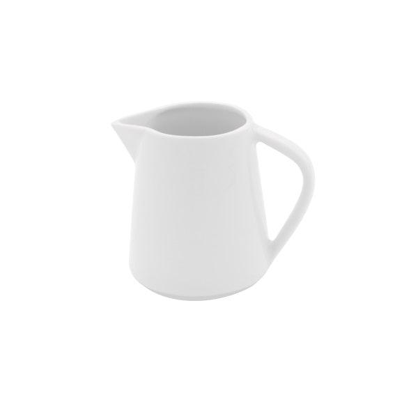 Luxury porcelain milk jug with glossy finish, flared rim, microwave, oven, freezer & dishwasher safe, artistic Nordic tableware for coffee and tea service.