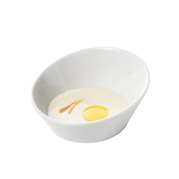 Kyoto asymmetric porcelain bowl with glossy finish, minimalist Japanese design, luxury tableware for sauces and small bites