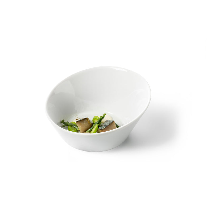 Kyoto asymmetric porcelain bowl with glossy finish, minimalist Japanese design, luxury tableware for refined dining