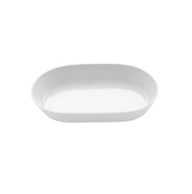Glossy porcelain oval deep tray with curved edges, Nordic minimalist serveware for appetizers, desserts, or elegant table settings.