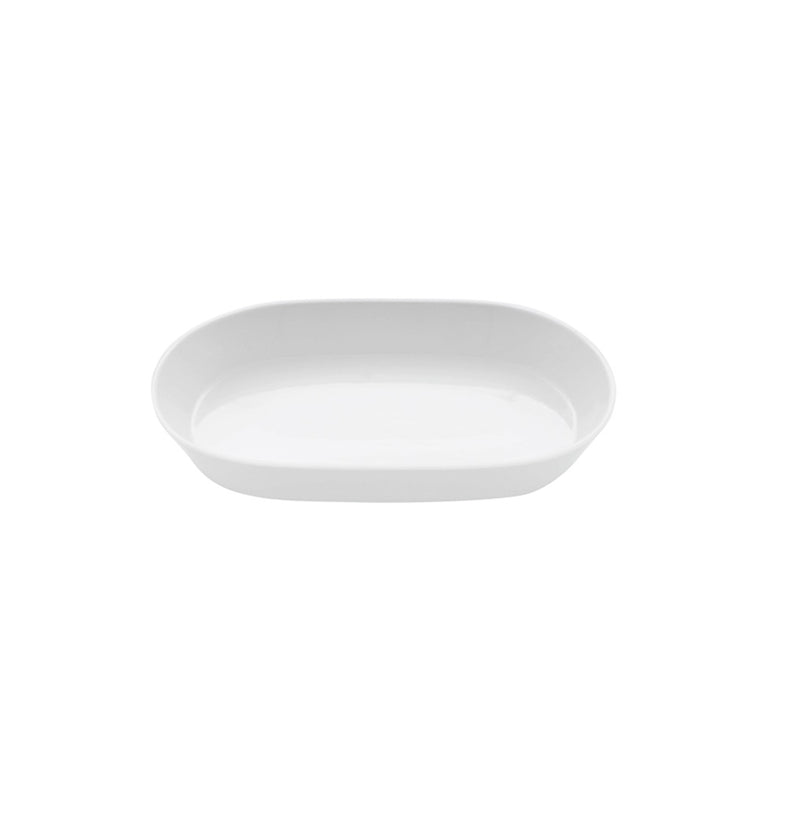Large glossy porcelain oval deep tray with minimalist Nordic design, luxury serveware ideal for family dishes or elegant entrees.