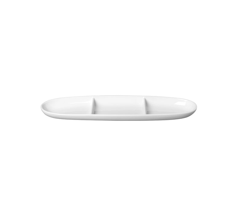 Luxury porcelain triple tray with glossy finish, ideal for serving assorted bites, microwave, oven, and dishwasher safe.