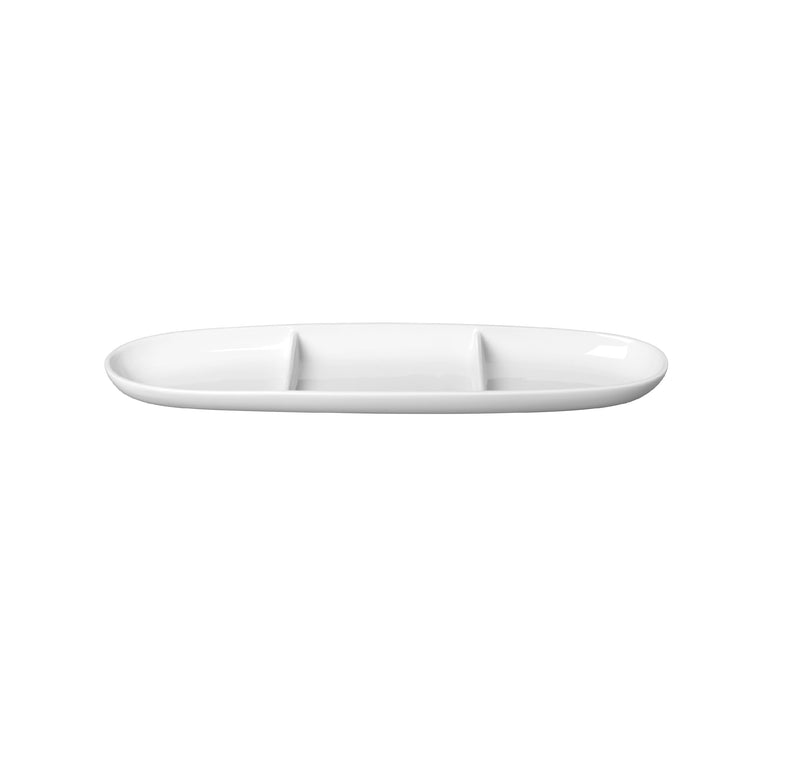 Elegant porcelain triple tray with glossy finish, ideal for appetizers or condiments, microwave, oven, and dishwasher safe.