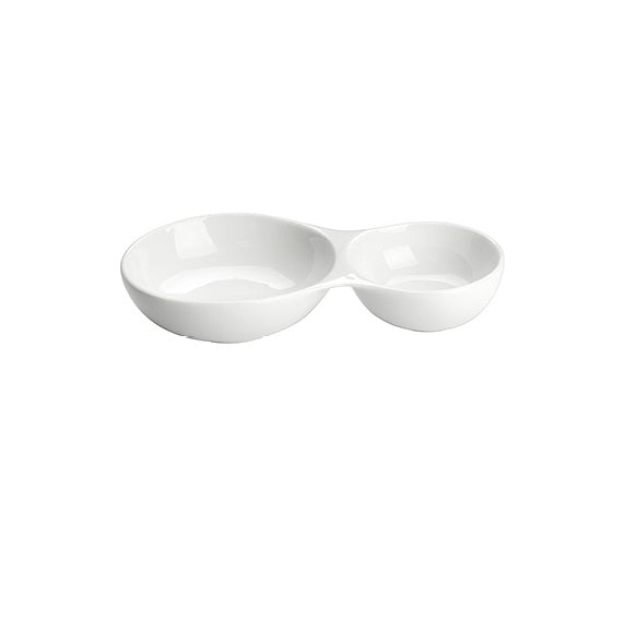 Elegant porcelain double deep tray with glossy finish, dual compartments for condiments or appetizers, durable and dishwasher safe.