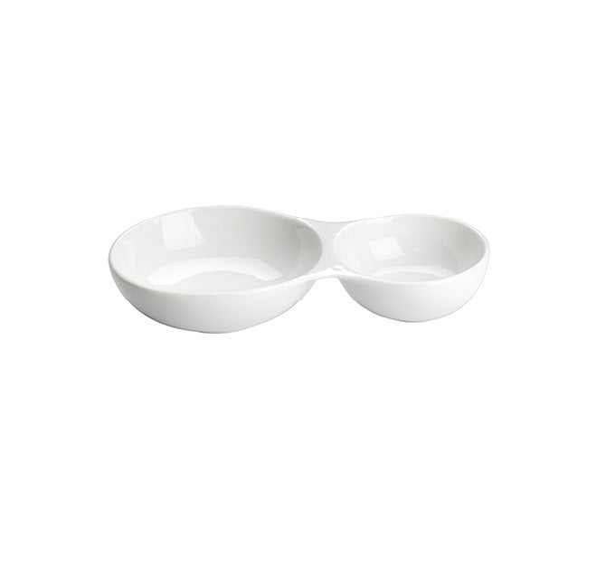 Luxury porcelain double deep tray with glossy finish, dual compartments for pastas or sides, stylish and dishwasher safe.