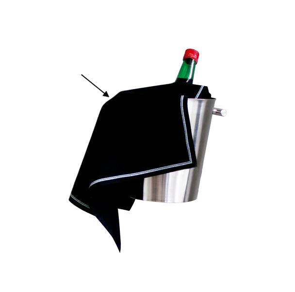 Luxury 100% cotton wine bucket cover in black with white trim, 40x40cm, elegant bar accessory for fine dining presentation.