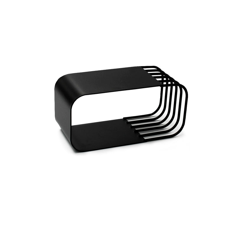 Black stainless steel buffet stand with matte finish, modern minimalist design for elegant food presentation.
